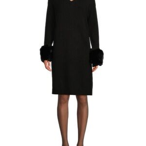 Saks Fifth Avenue Black Shift Sweater Dress with Faux Fur Cuffs- Size Large